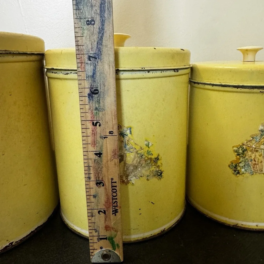 Vintage Yellow Metal Kitchen Canister Set Cottagecore Shaby Country 4 Piece Shan